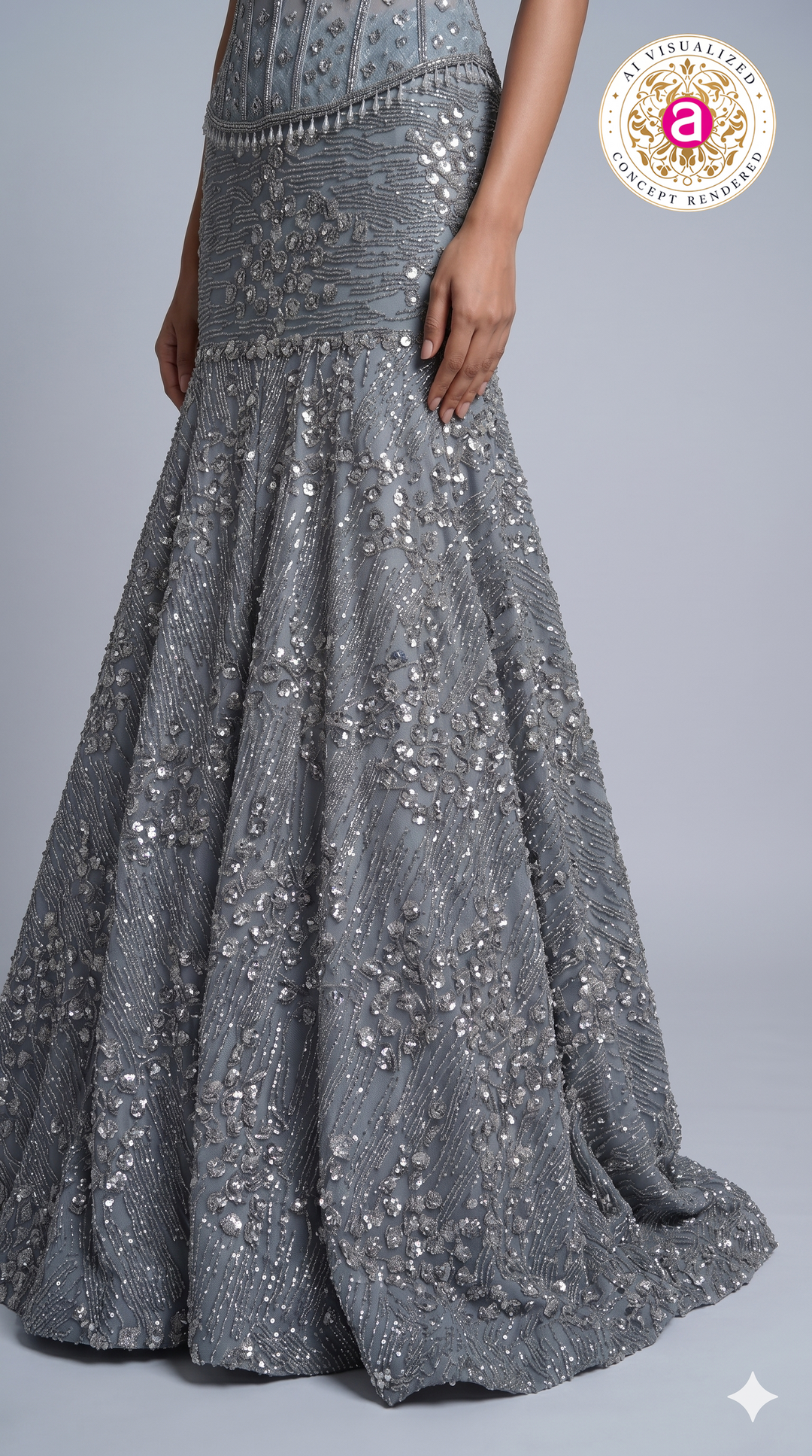 Steel Grey Crystal Embellished Mermaid Evening Gown
