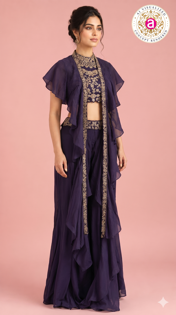 Purple Handwork Palazzo Set with Ruffle Cape Jacket