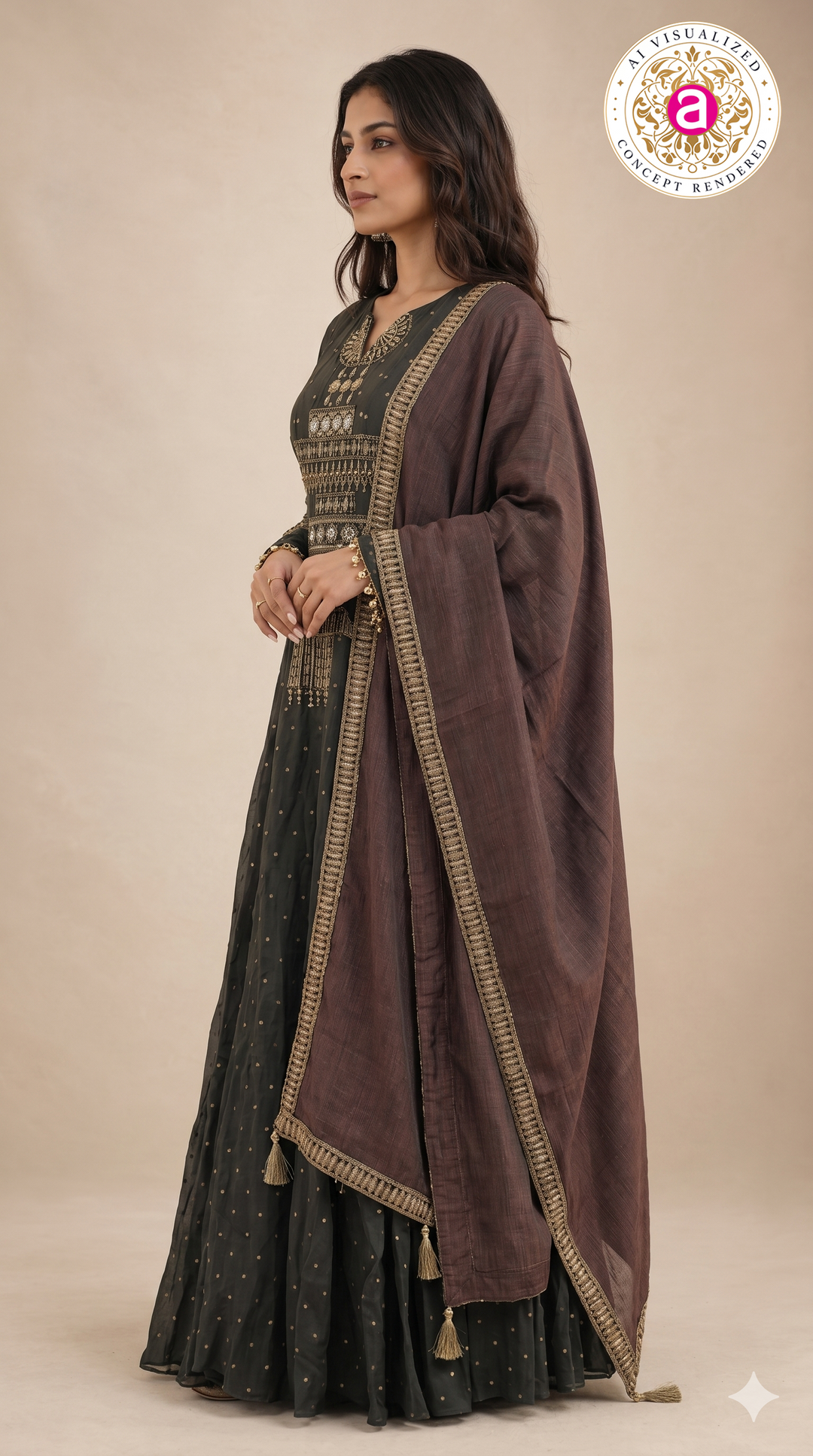 Charcoal Black Embellished Anarkali Set with Contrast Dupatta