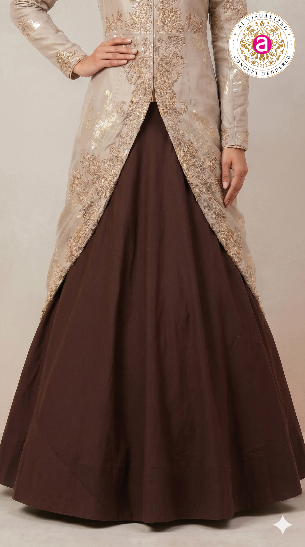 Beige & Brown Designer Indo-Western Party Wear Gown Set