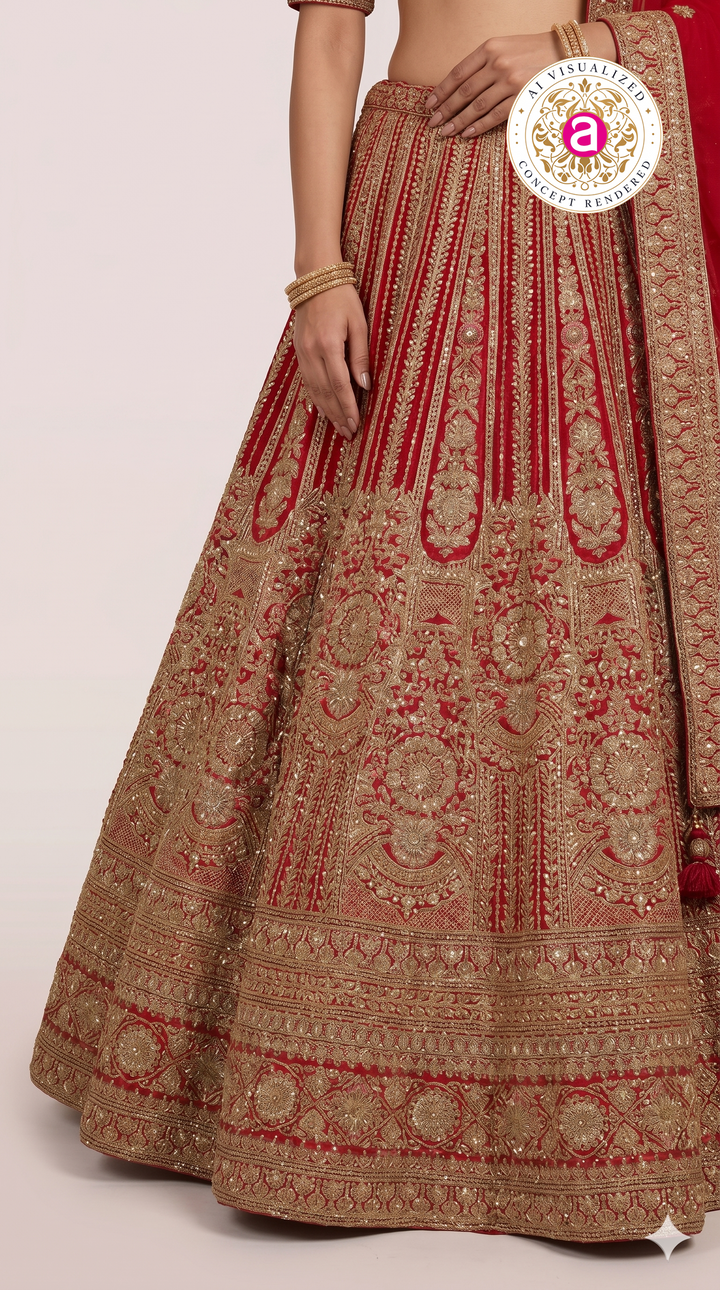 Bridal Red Zari Embroidered Lehenga Choli with Heritage Motifs & Dupatta
