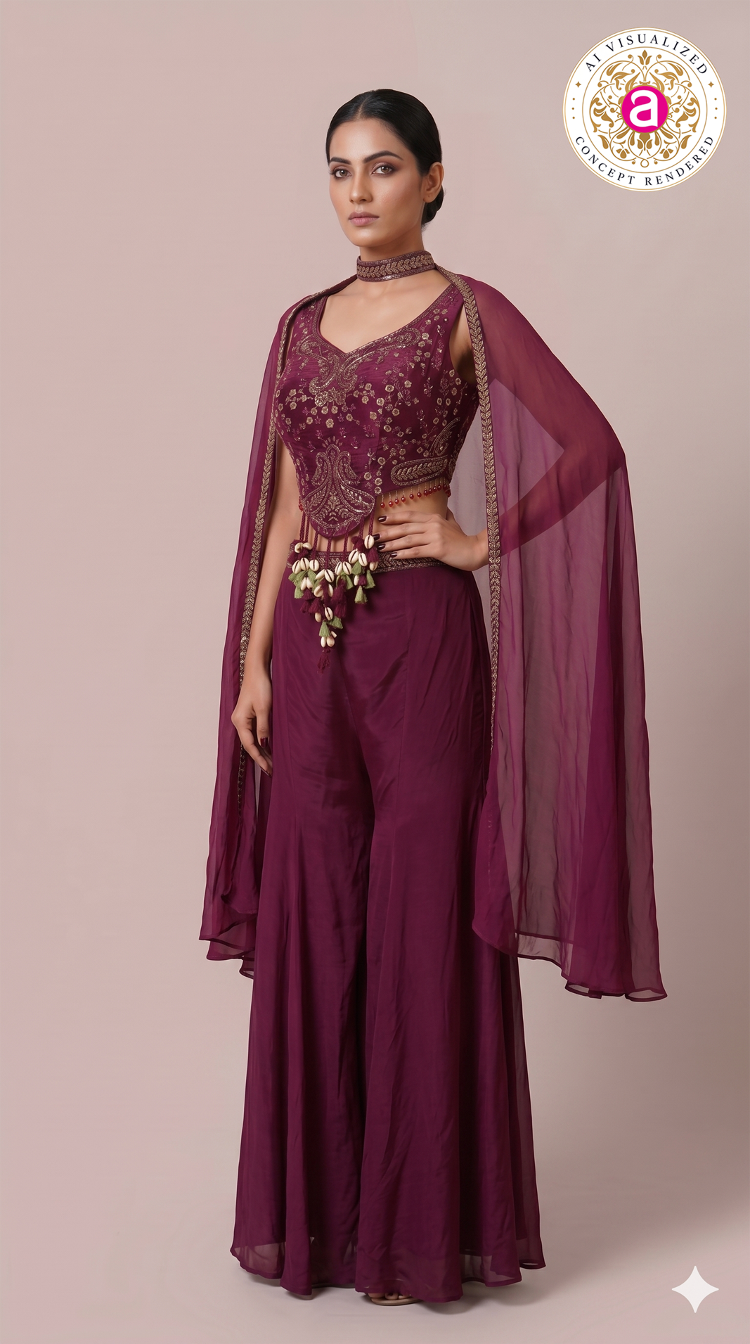 Wine Purple Embroidered Cape Co-Ord Set