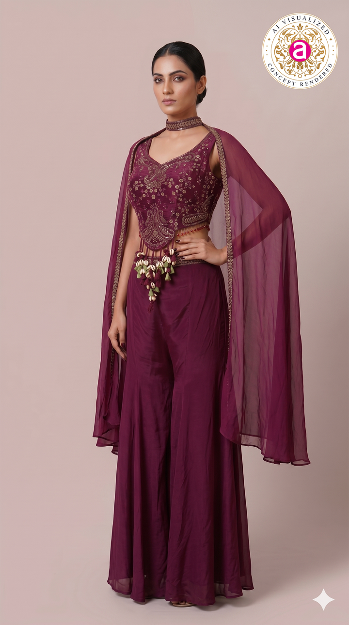 Wine Purple Embroidered Cape Co-Ord Set