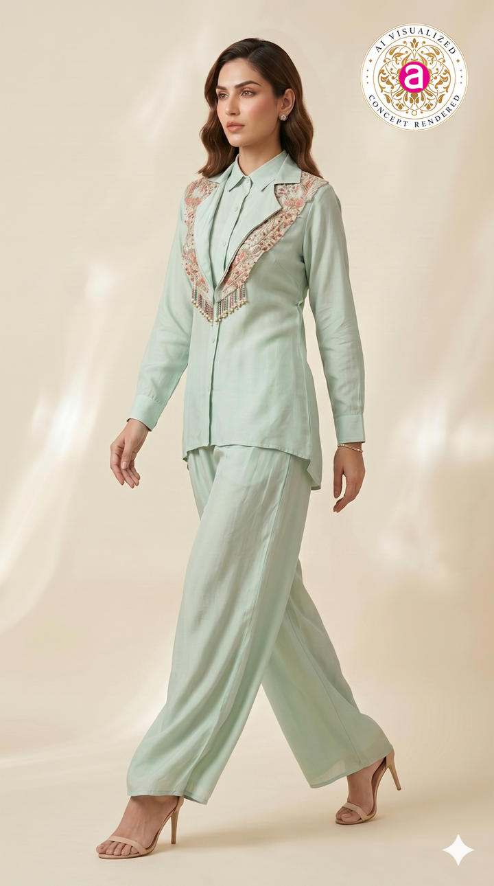 Mint Green Embellished Collar Co-ord Set