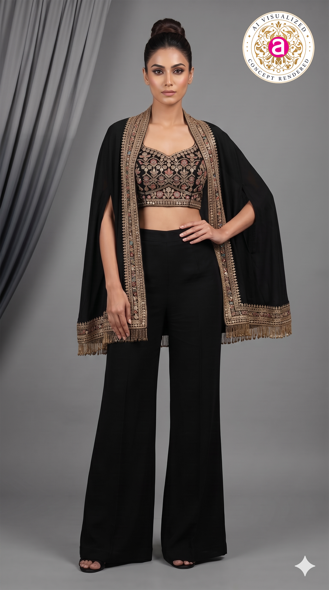 Black Embroidered Indo-Western Co-Ord Set with Cape Jacket