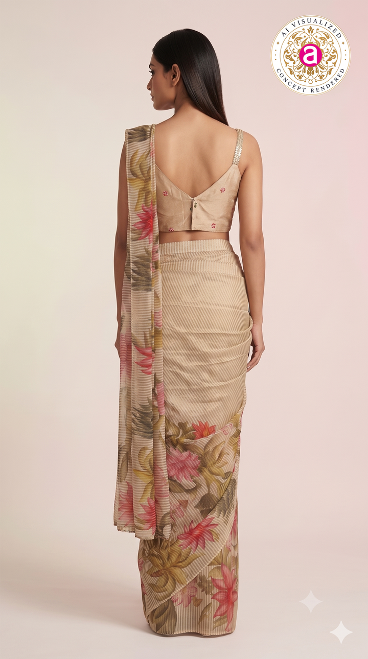 Beige Floral Ready-to-Wear Saree with Embroidered Blouse