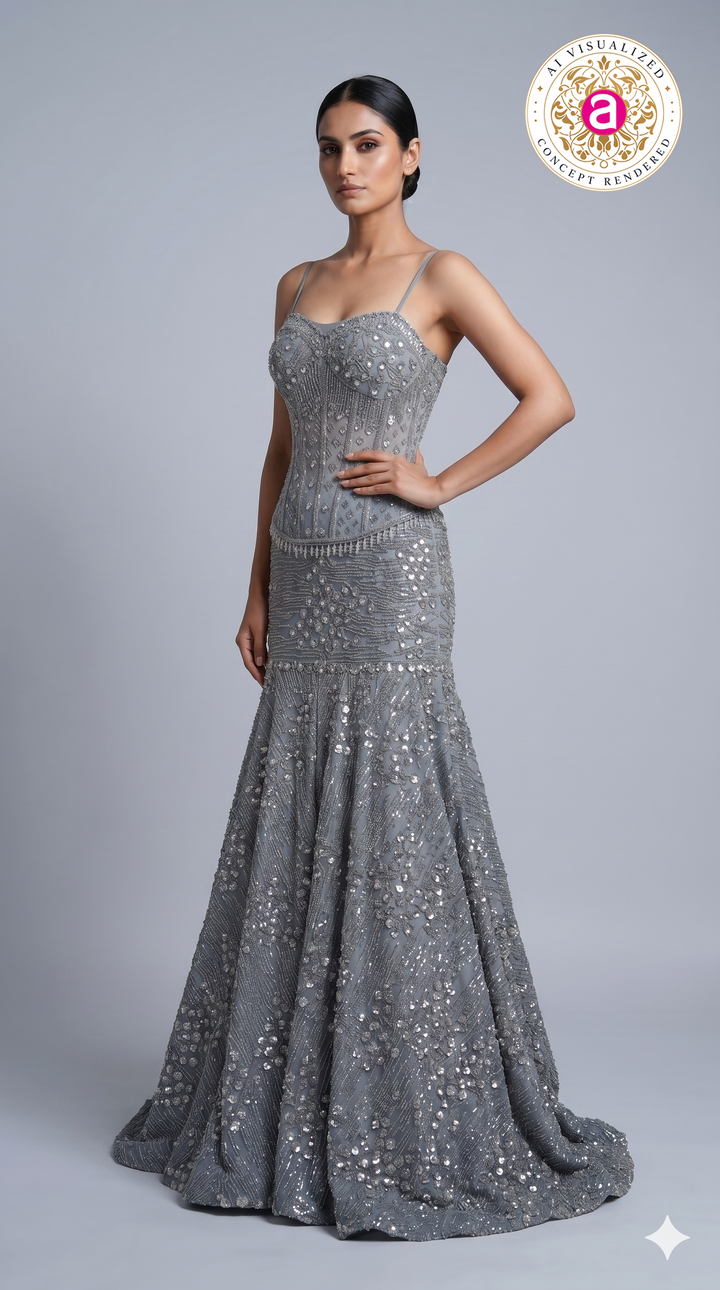Steel Grey Crystal Embellished Mermaid Evening Gown