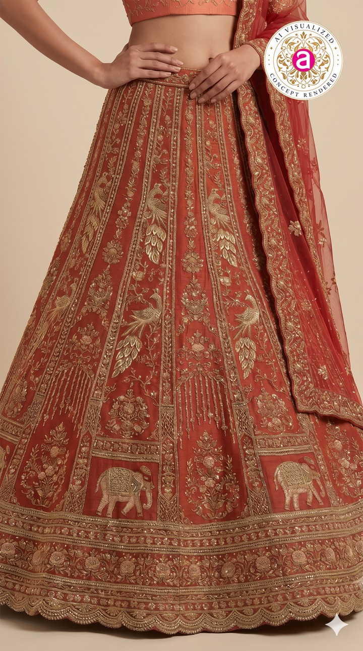 Rust Orange Designer Bridal Lehenga Set with Heavy Zari Embroidery & Net Dupatta