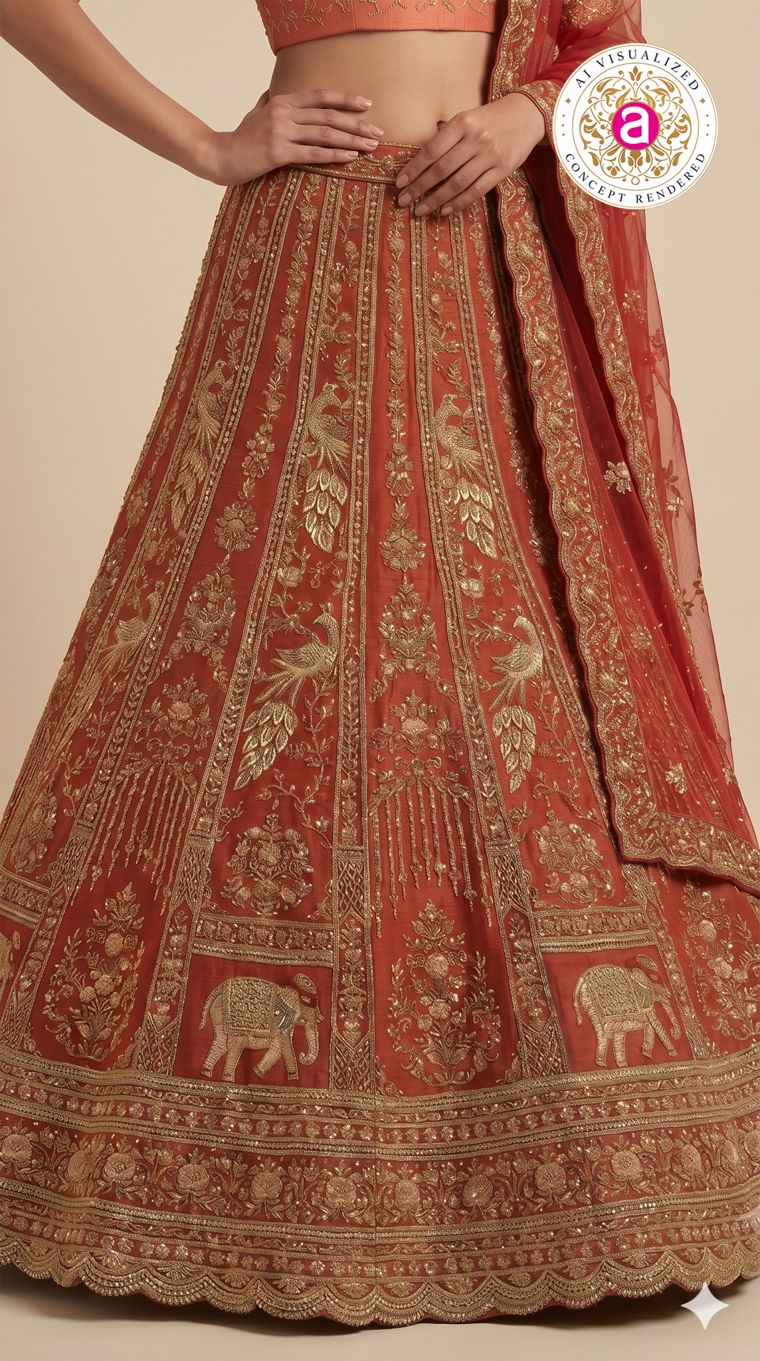 Royal Rust Orange Bridal Lehenga Set with Heritage Zari Embroidery & Net Dupatta