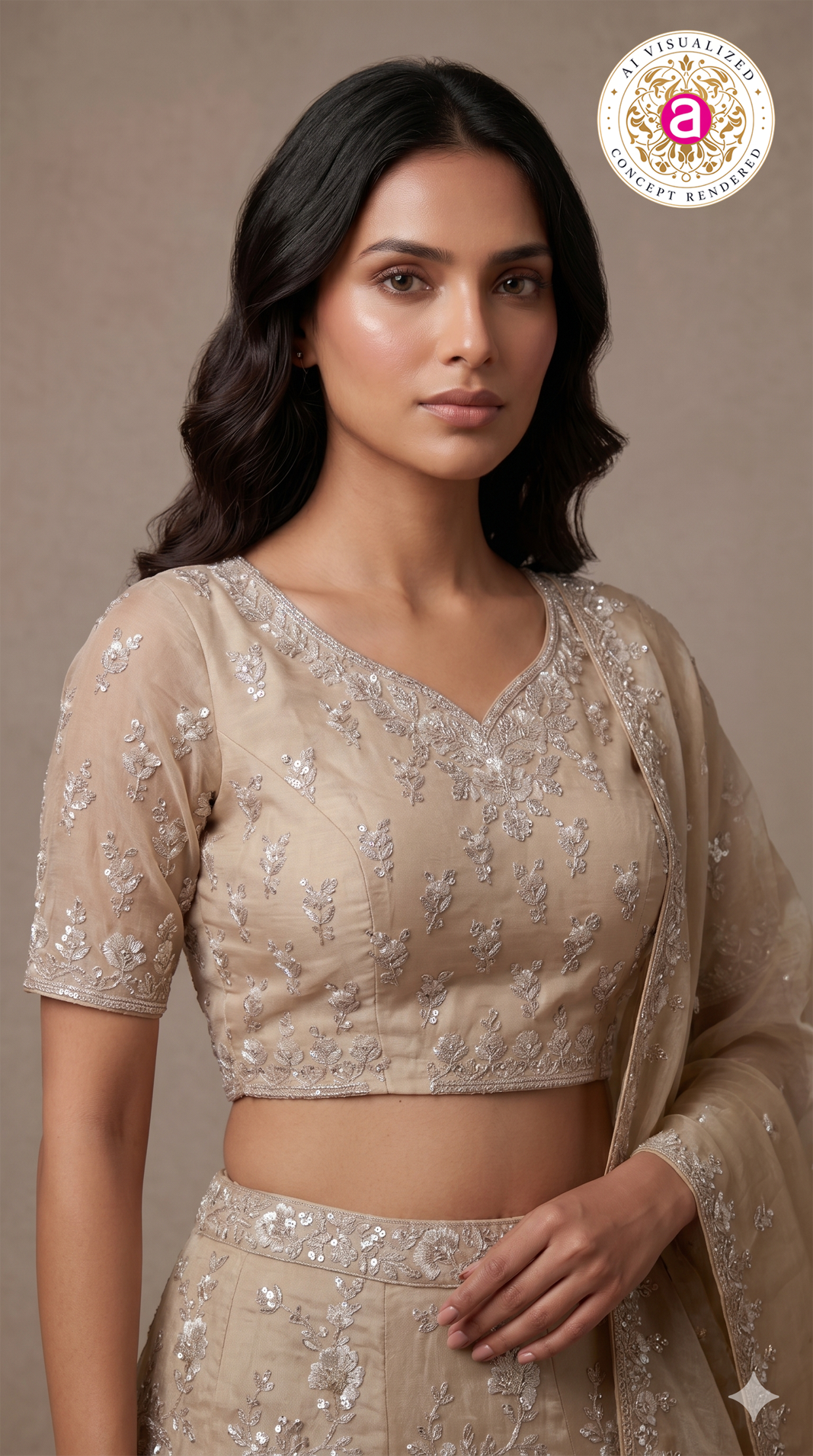 Champagne Beige Designer Embroidered Lehenga Set with Organza Dupatta