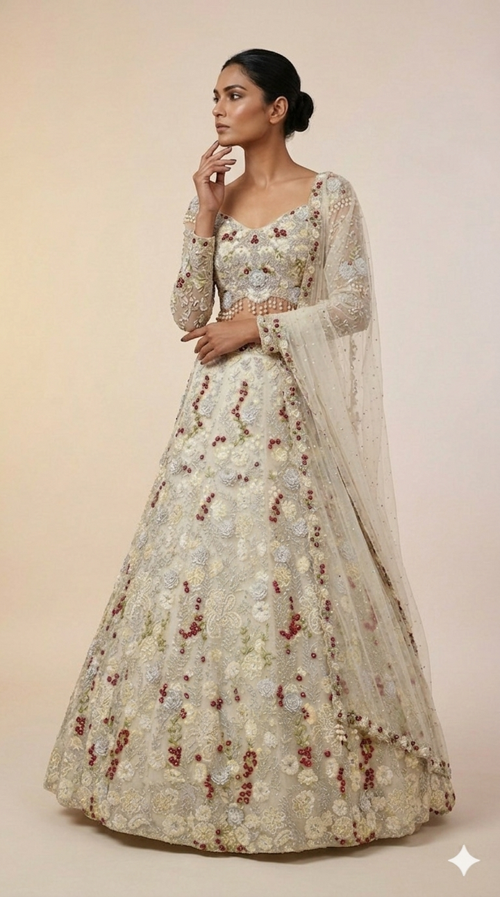 Ivory Pearl Embroidered Bridal Lehenga Set with Floral Handwork & Sheer Dupatta