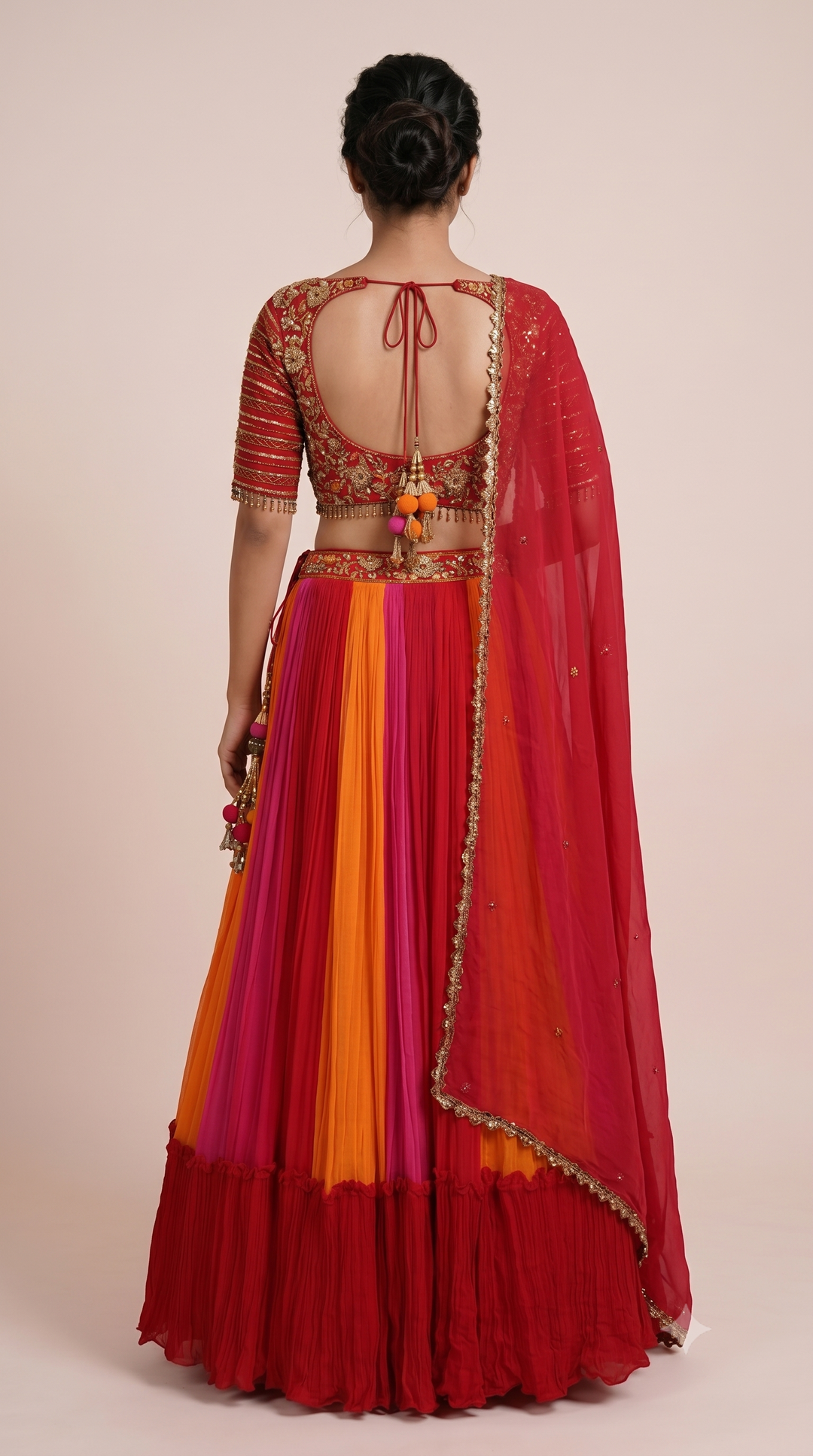 Multicolor Pleated Lehenga Set with Embroidered Blouse