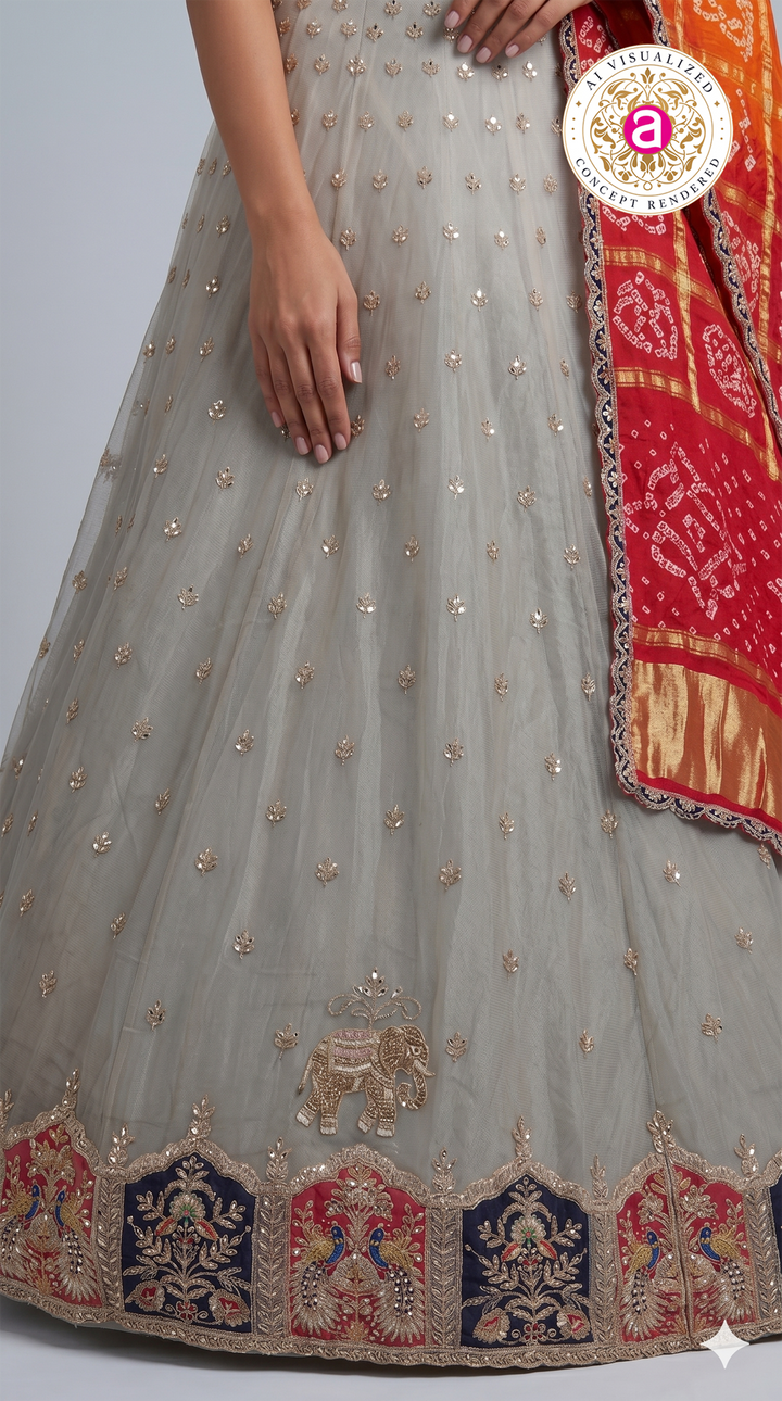 Ivory Grey Designer Lehenga Set with Peacock Embroidery & Bandhani Dupatta