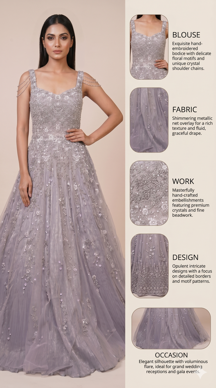 Lilac Silver Embroidered Princess Ball Gown with Crystal Shoulder Chains