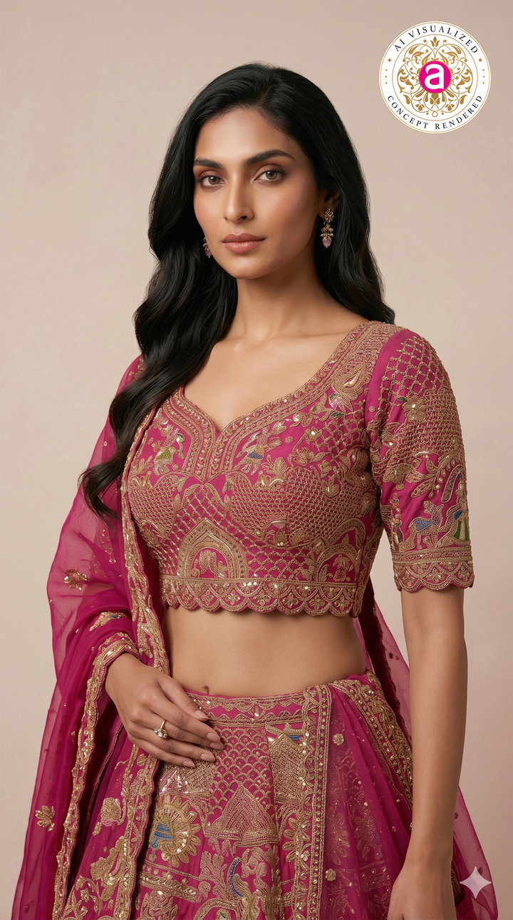 Rani Pink Royal Bridal Lehenga Set with Heritage Motif Embroidery & Designer Net Dupatta