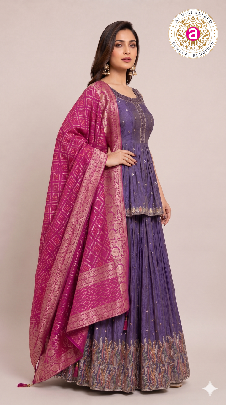 Purple Handwork Lehenga Skirt Set with Banarasi Dupatta