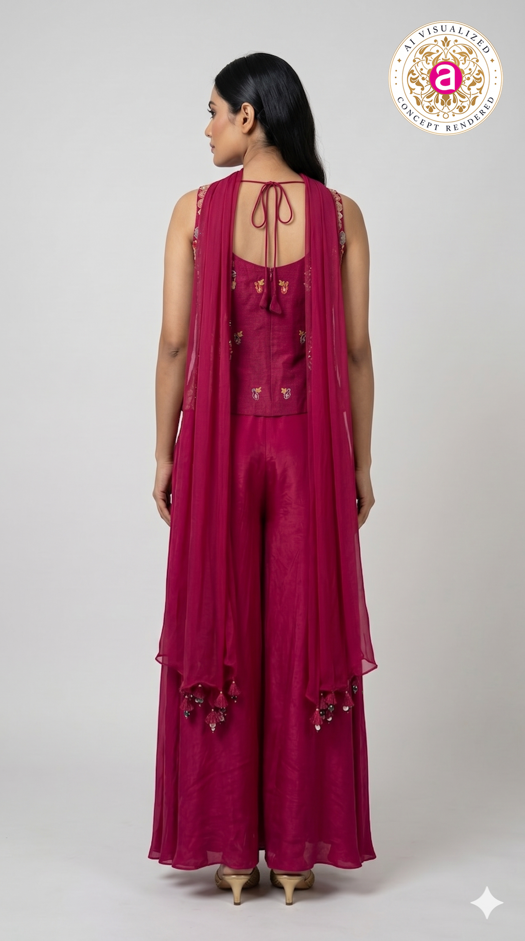 Rani Pink Kashmiri Embroidered Palazzo Set with Statement Choker Neckline