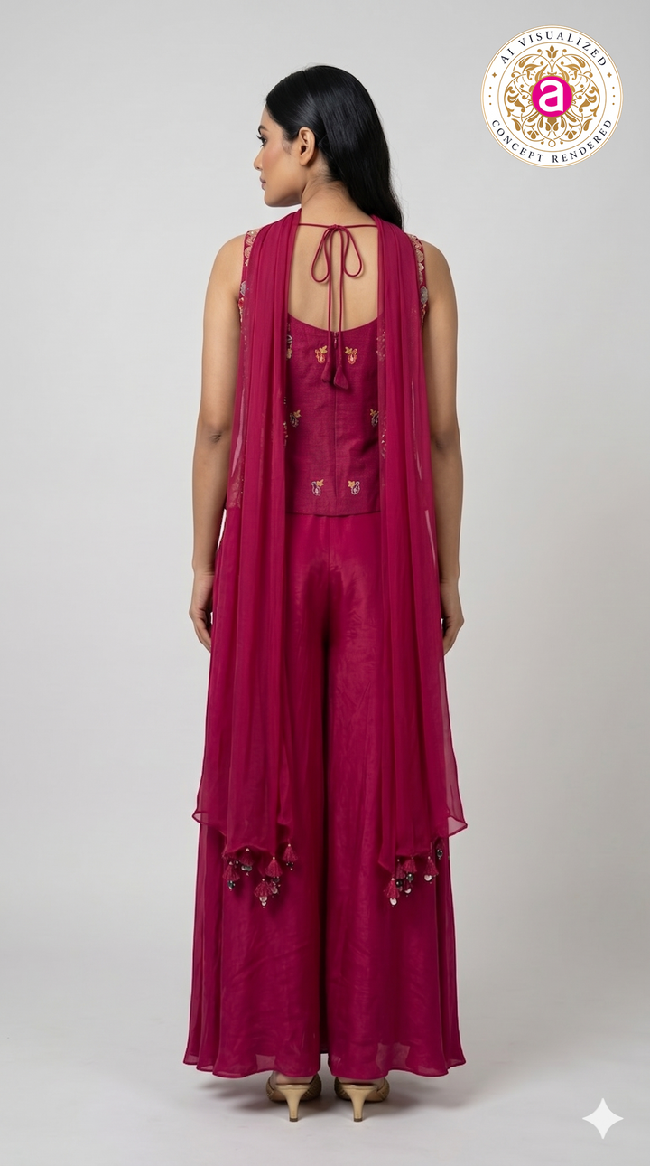 Rani Pink Kashmiri Embroidered Palazzo Set with Statement Choker Neckline