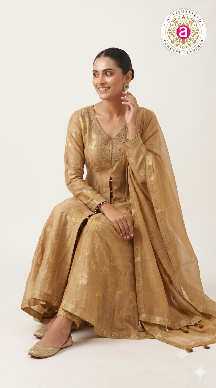 Golden Beige Floral Woven Anarkali Suit Set