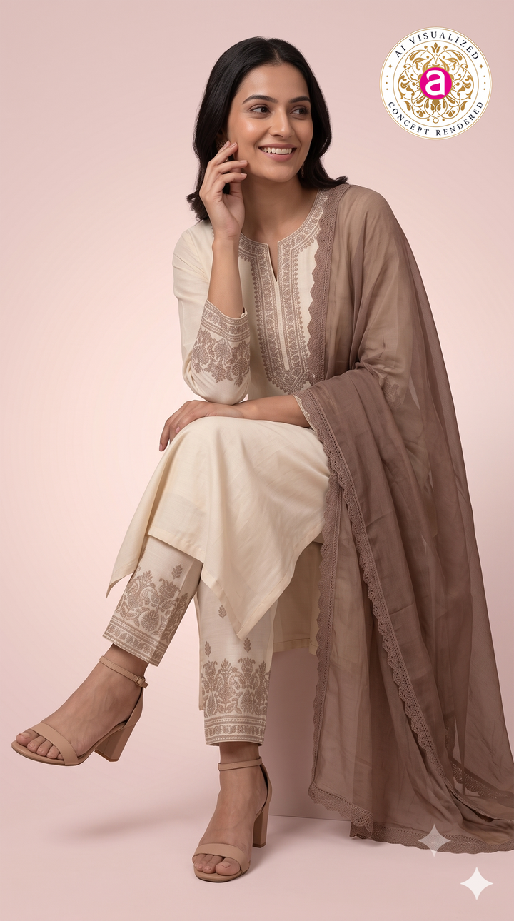 Ivory Embroidered Straight Kurta Set with Brown Dupatta