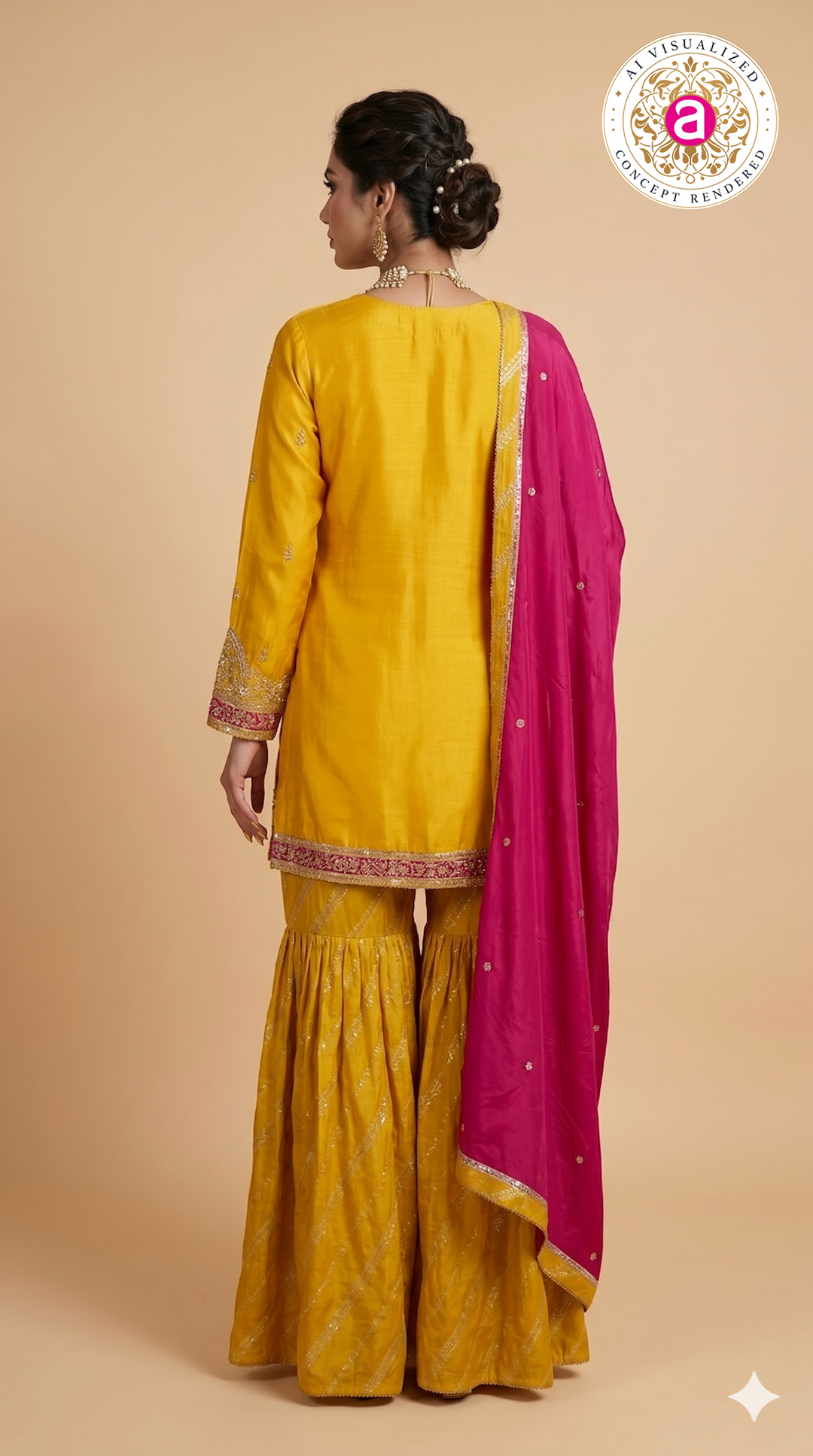 Mustard Yellow Embroidered Sharara Suit Set with Rani Pink Dupatta