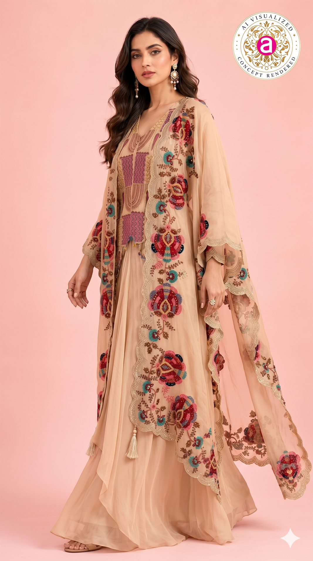 Peach Embroidered Palazzo Set with Handwork Cape Dupatta