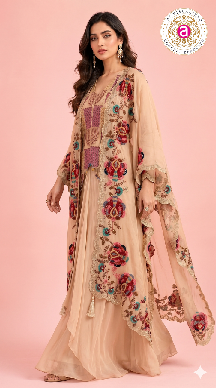 Peach Embroidered Palazzo Set with Handwork Cape Dupatta