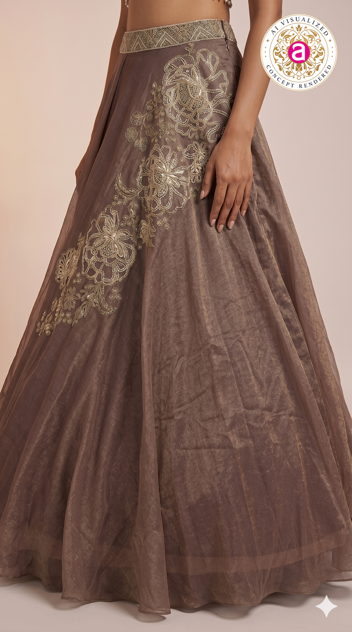 Mocha Brown Designer Lehenga Set with Floral Embroidery & Sheer Cape Dupatta