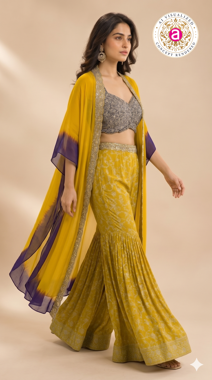 Mustard Yellow Printed Sharara Set with Embellished Cape Dupatta
