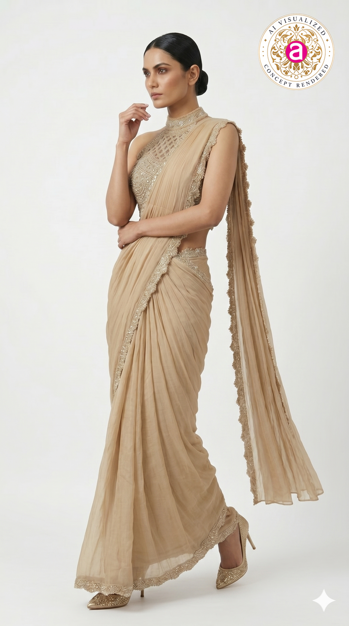 Champagne Beige Ready to Wear Saree with Embellished Halter Blouse