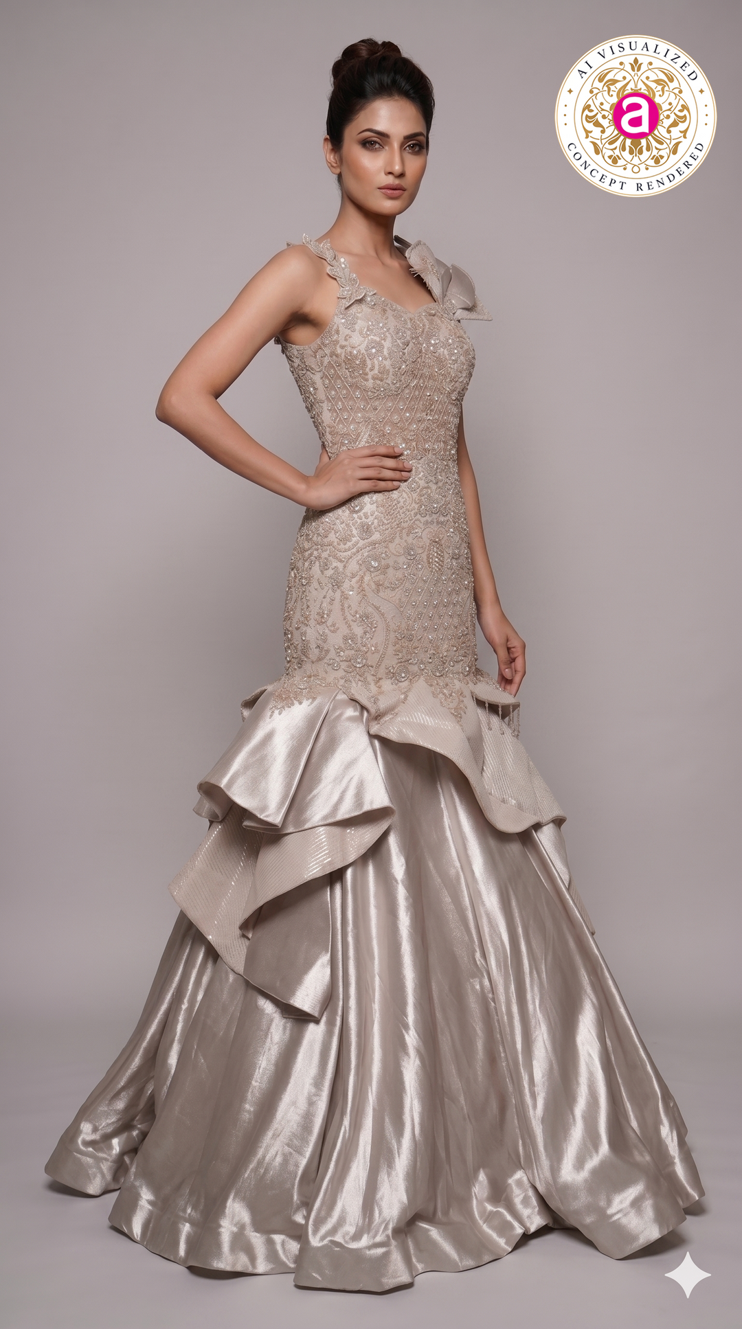 Champagne Beige Embellished Mermaid Gown with Sculpted Ruffle Detailing