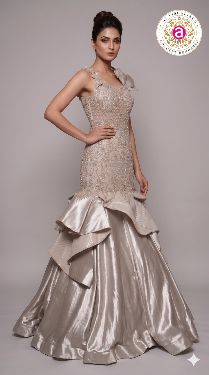 Champagne Beige Embellished Mermaid Gown with Sculpted Ruffle Detailing