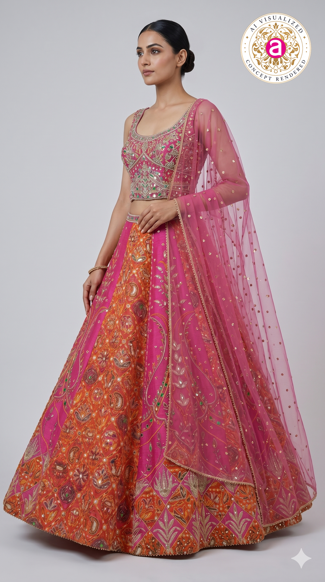 Rani Pink & Orange Embroidered Lehenga Set with Multicolor Blouse & Net Dupatta