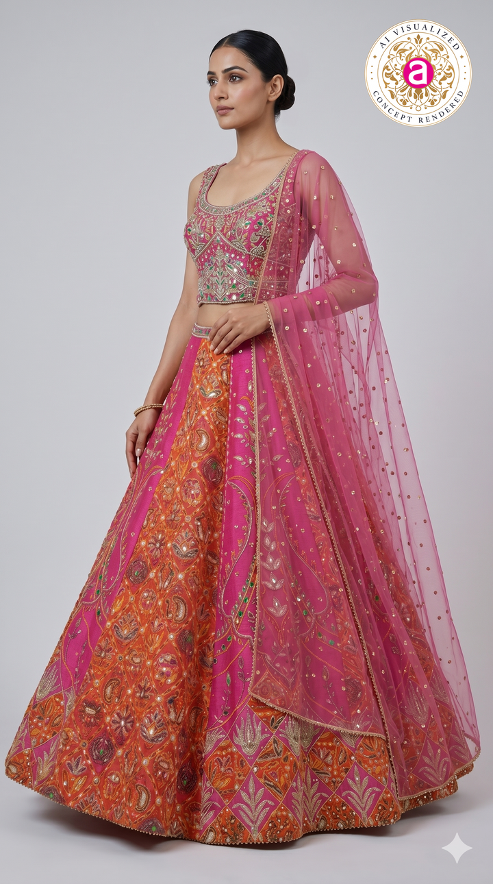 Rani Pink & Orange Embroidered Lehenga Set with Multicolor Blouse & Net Dupatta