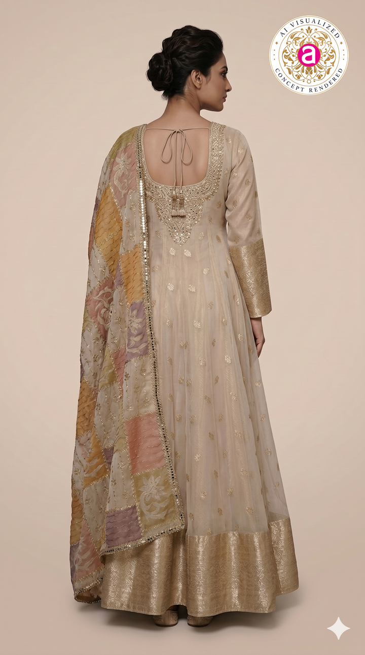 Ivory Gold Embroidered Anarkali Gown with Multicolour Patchwork Dupatta