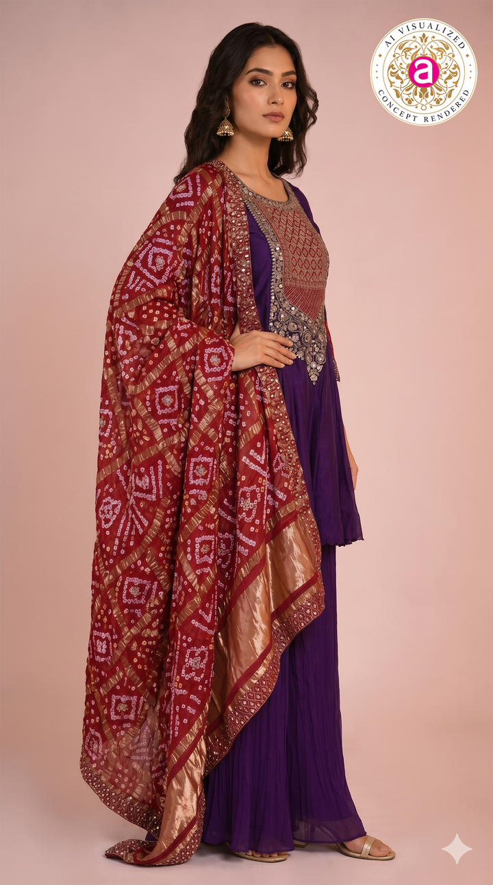 Royal Purple Embroidered Designer Sharara Set with Bandhani Dupatta