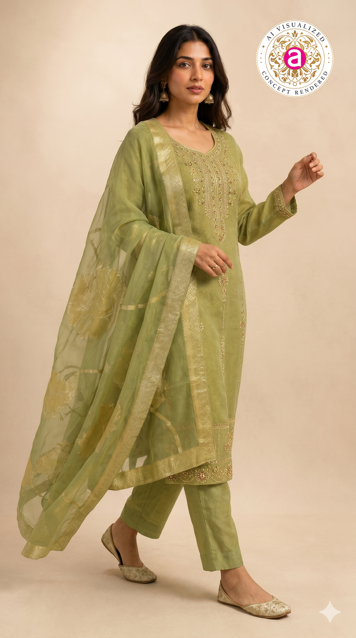 Sage Green Embroidered Straight Kurta Set with Dupatta