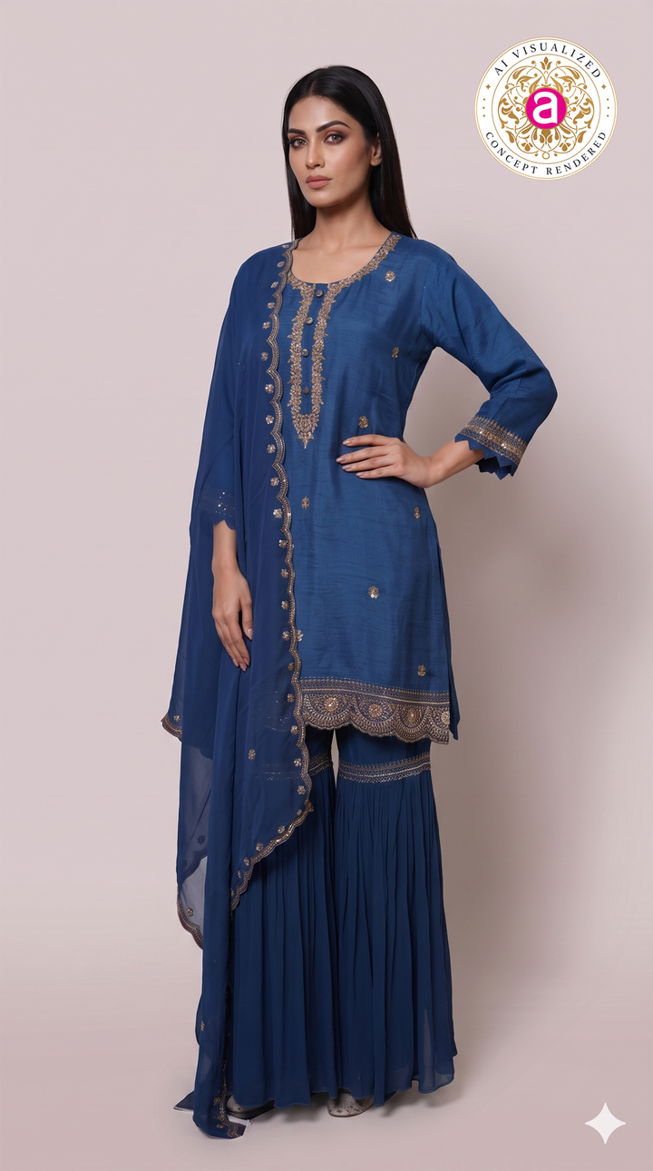 Royal Blue Embroidered Kurta Sharara Set with Dupatta