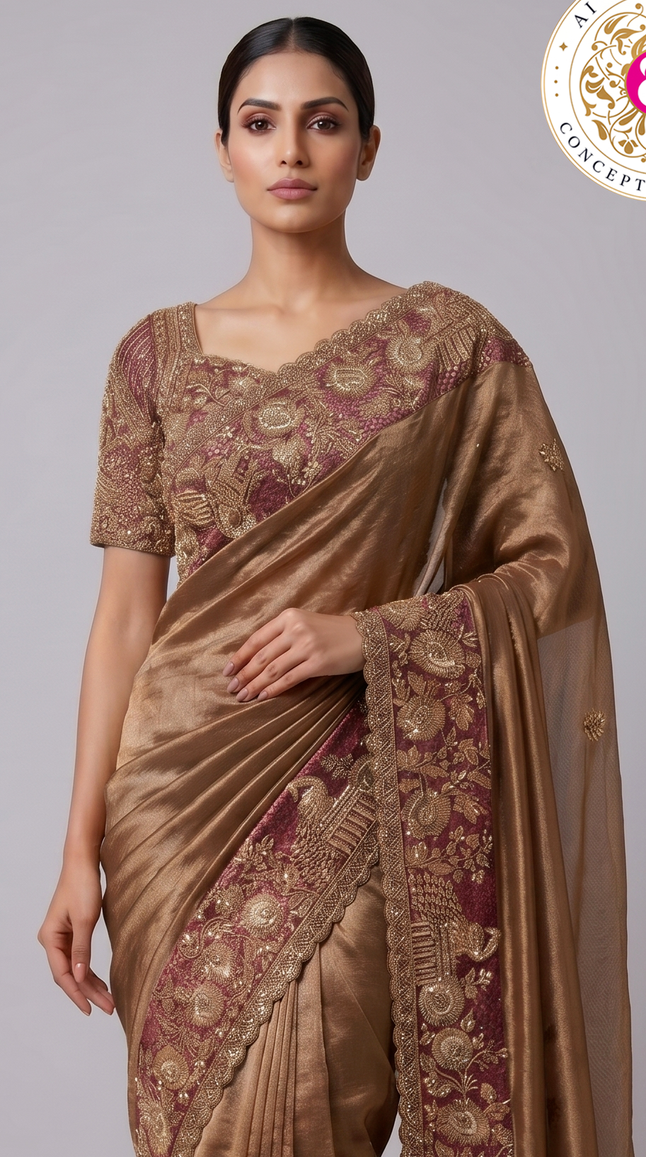 Copper Gold Designer Saree with Maroon Heritage Embroidered Border
