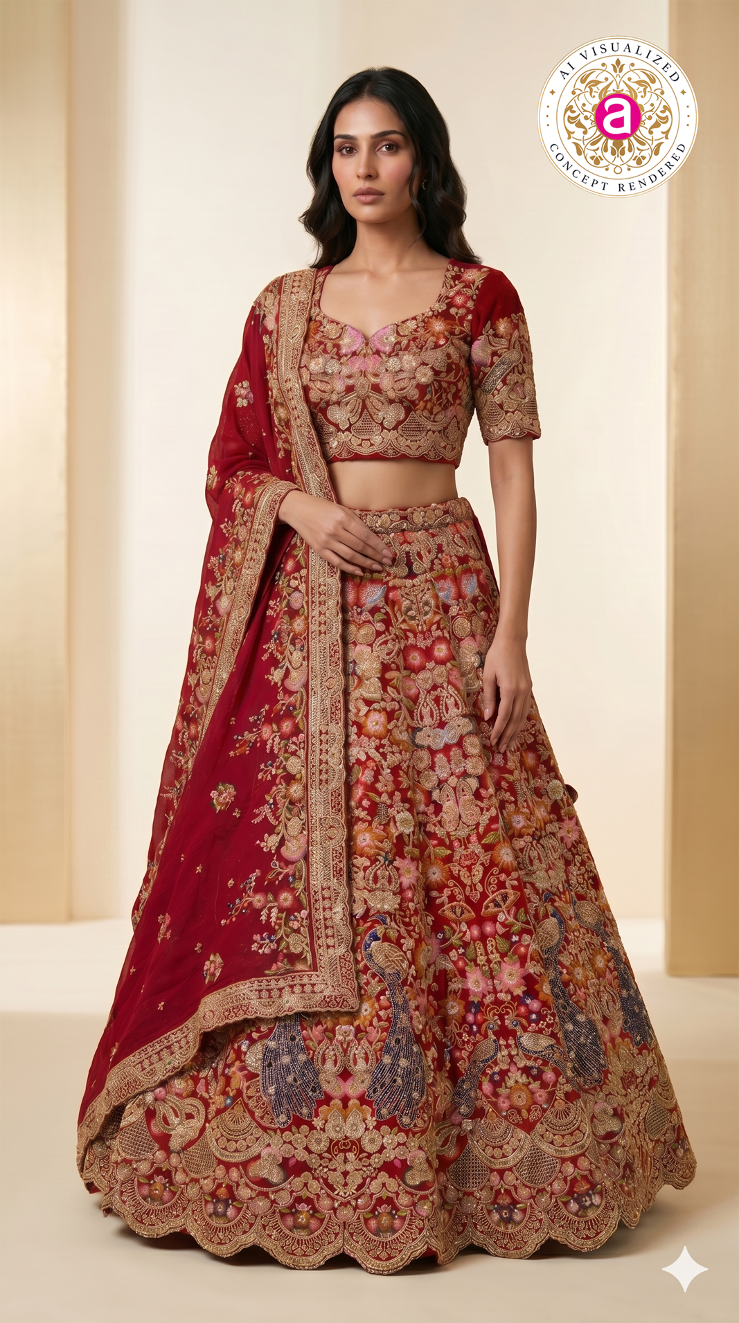 Royal Crimson Bridal Lehenga Set with Intricate Zardozi Embroidery & Peacock Motifs