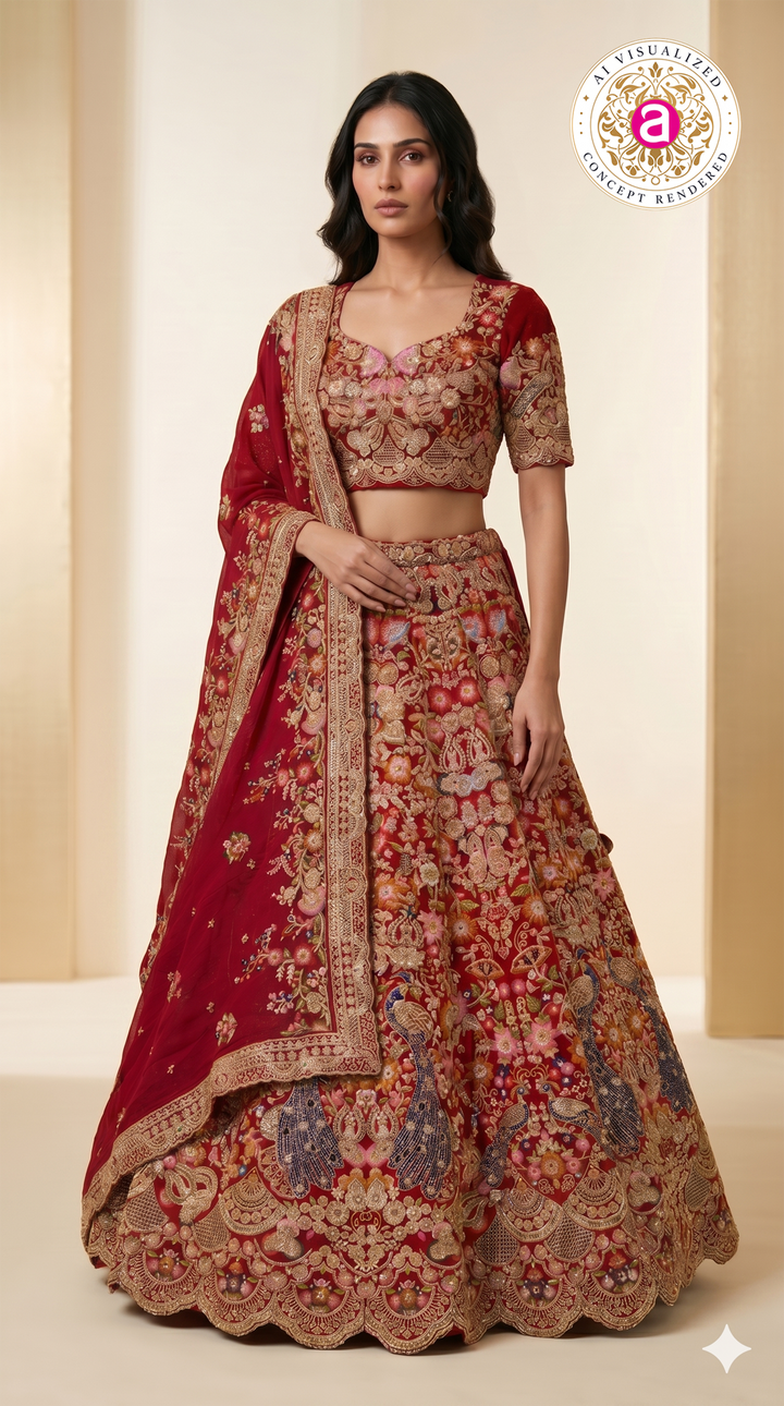 Royal Crimson Bridal Lehenga Set with Intricate Zardozi Embroidery & Peacock Motifs
