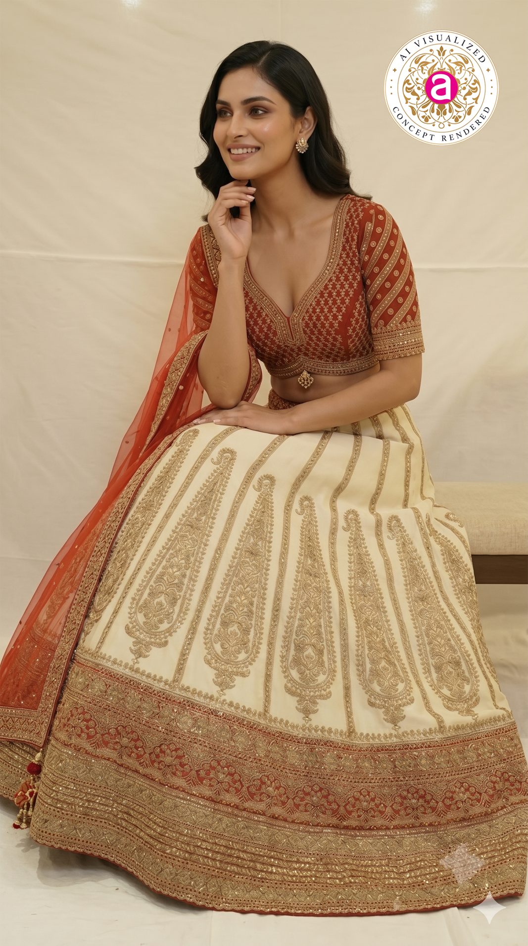 Ivory White & Crimson Red Designer Bridal Lehenga Set with Embroidered Organza Dupatta