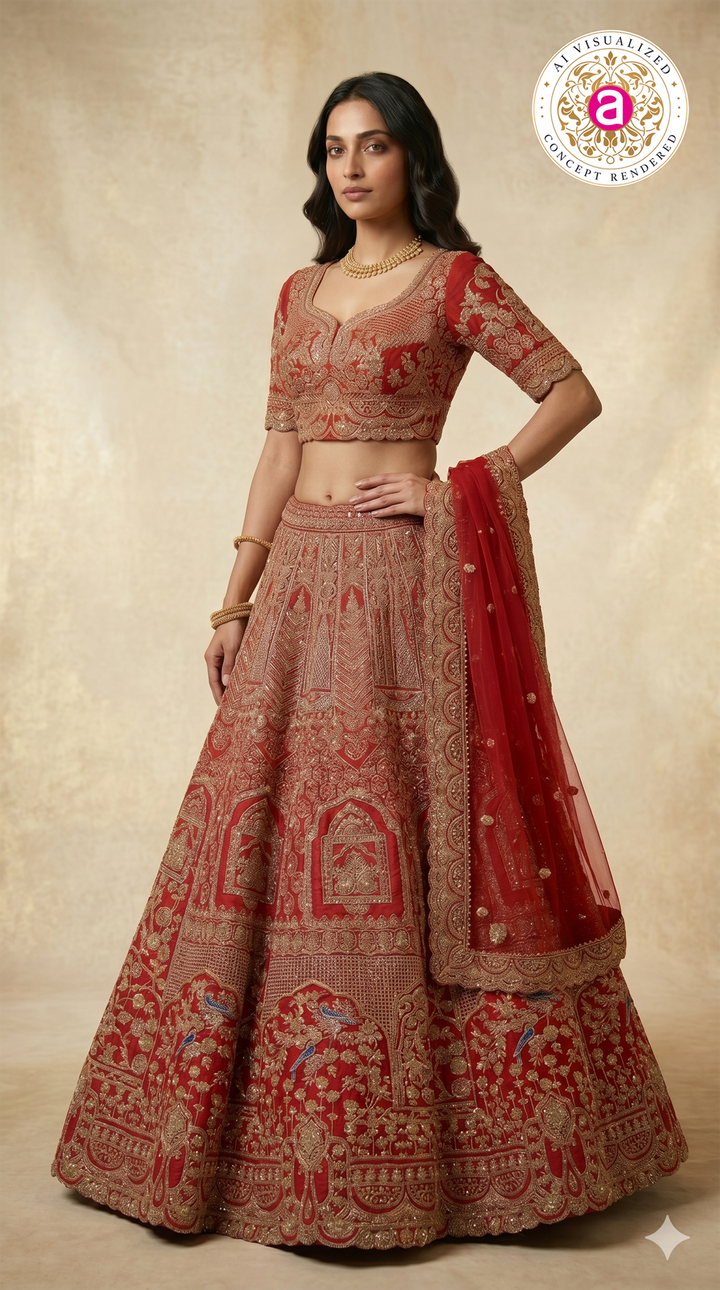 Royal Crimson Red Bridal Lehenga Set with Heritage Zari Embroidery & Designer Net Dupatta