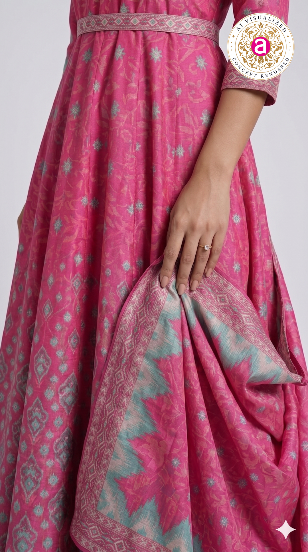 Rani Pink Ikat Inspired Anarkali Suit Set with Designer Dupatta