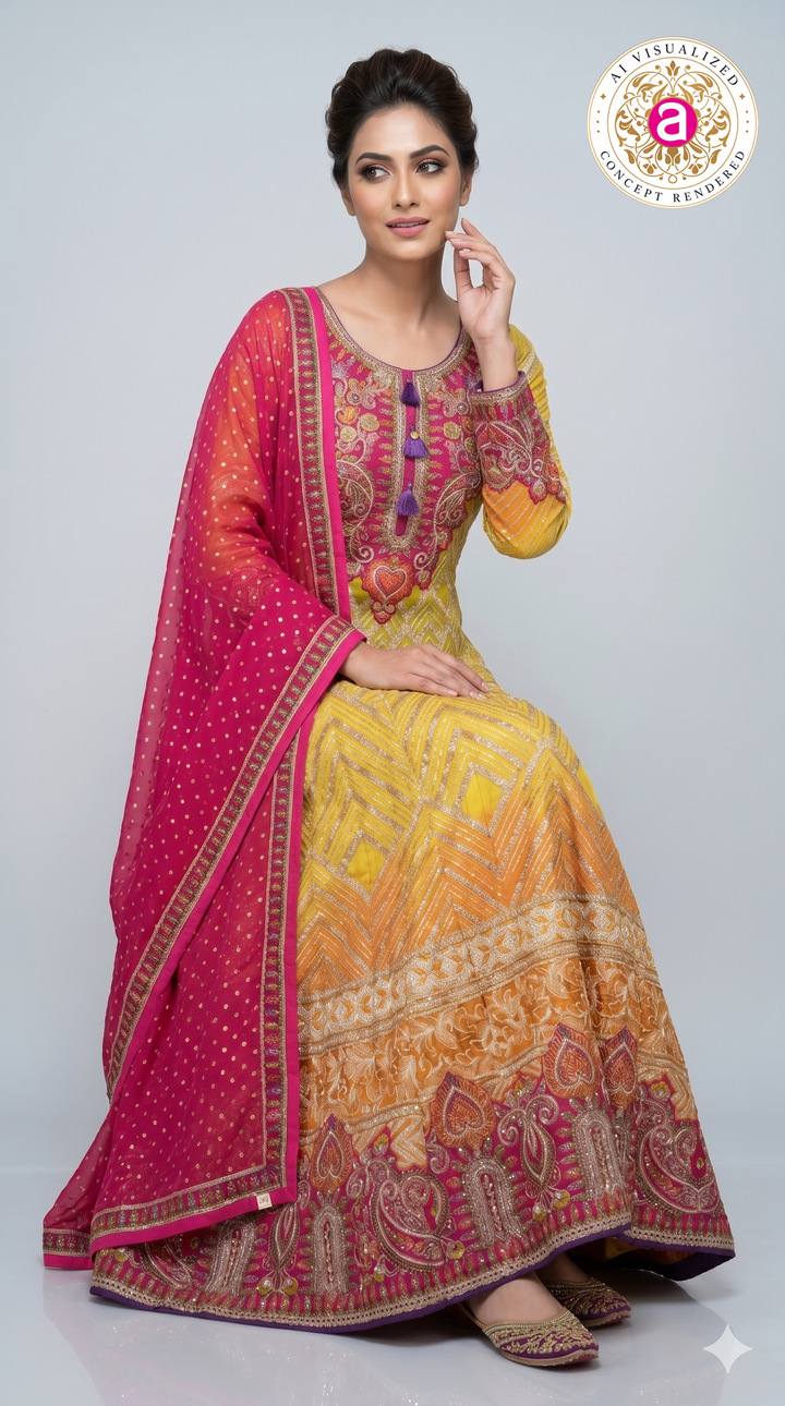 Sunshine Yellow & Rani Pink Embroidered Anarkali Gown with Designer Dupatt