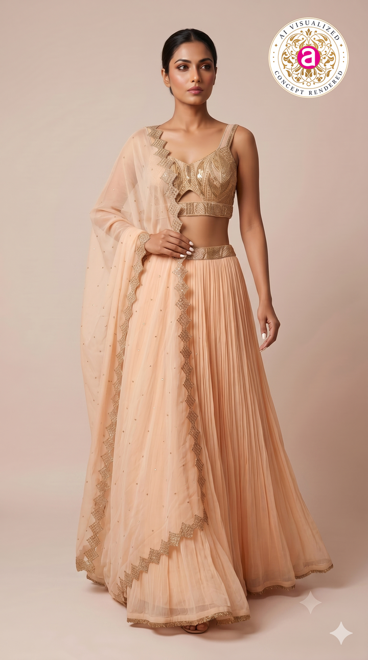Peach Pleated Lehenga Set with Embroidered Bralette & Organza Dupatta