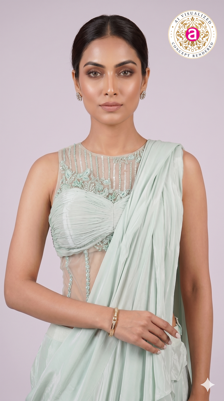 Mint Green Ready-to-Wear Saree with Ruffle Drape & Embellished Designer Blouse