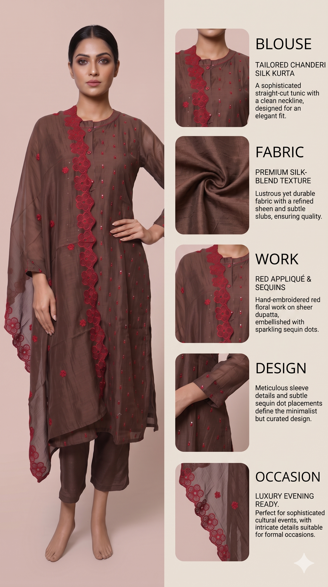 Coffee Brown Embroidered Kurta Pant Set with Dupatta