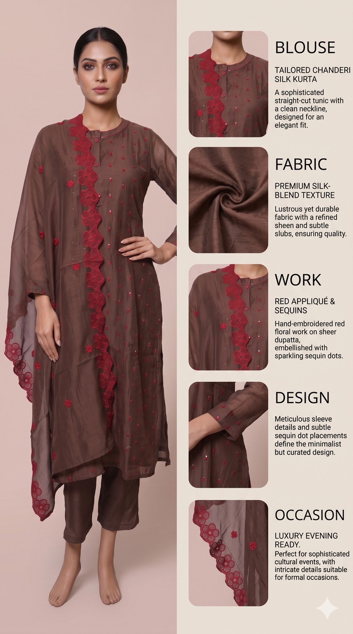 Coffee Brown Embroidered Kurta Pant Set with Dupatta