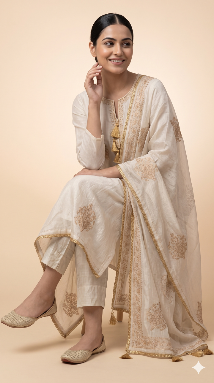 Ivory Embroidered Kurta Palazzo Set with Dupatta